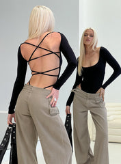 All Tied Up Long Sleeve Bodysuit Black