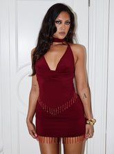 Ginah Bead Tassel Mini Skirt Red