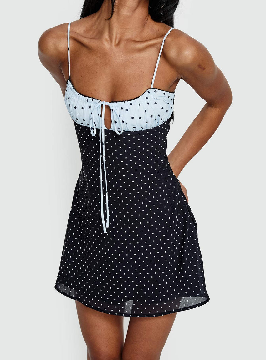 Rylann Contrast Tie Detail Mini Dress Navy / Blue Polka