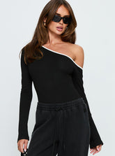 Andrielle One Shoulder Long Sleeve Bodysuit Black / White