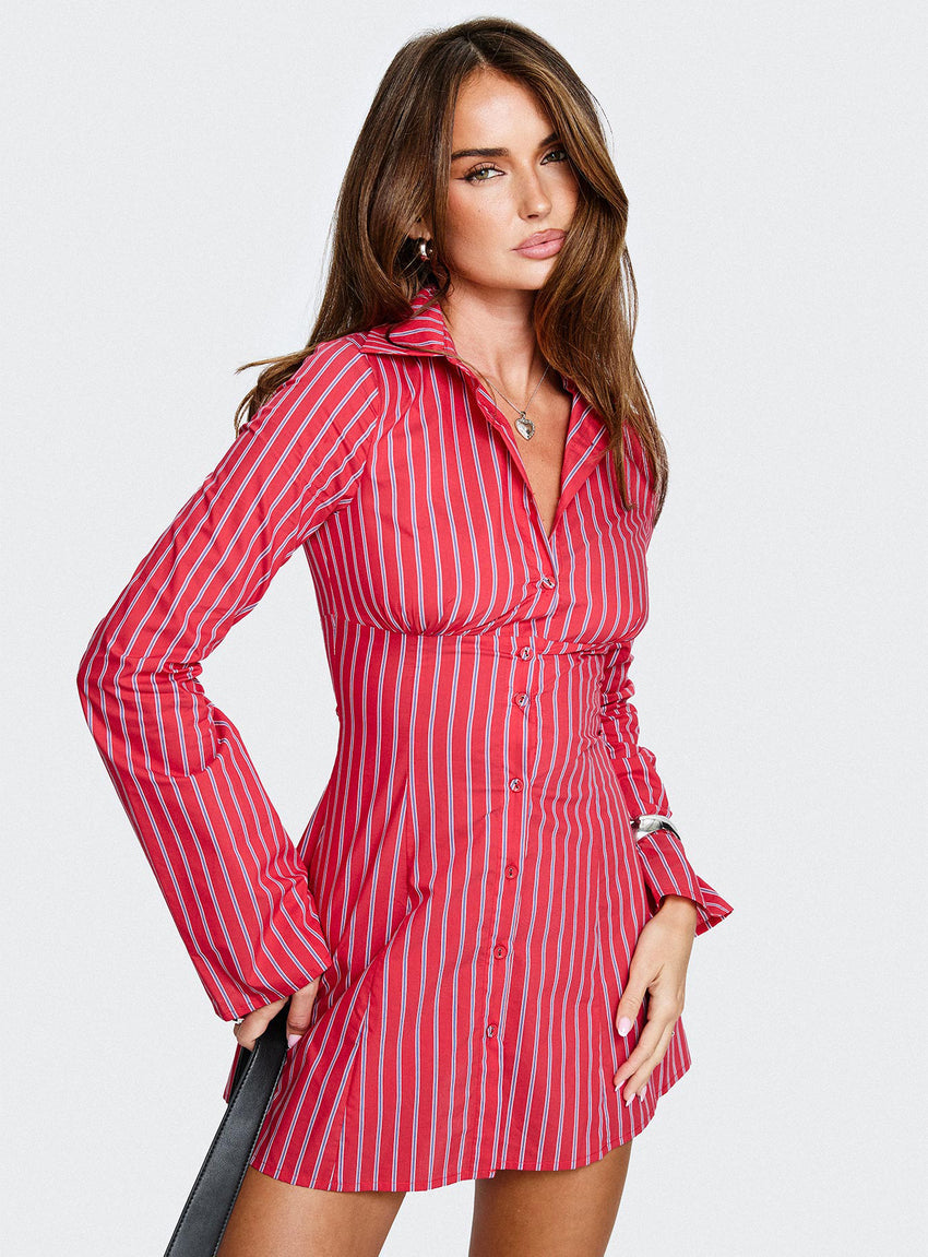 Tawni Long Sleeve Shirt Mini Dress Red Stripe