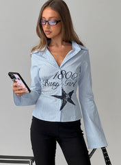 Busy Girl Long Sleeve Collared Top Blue Stripe