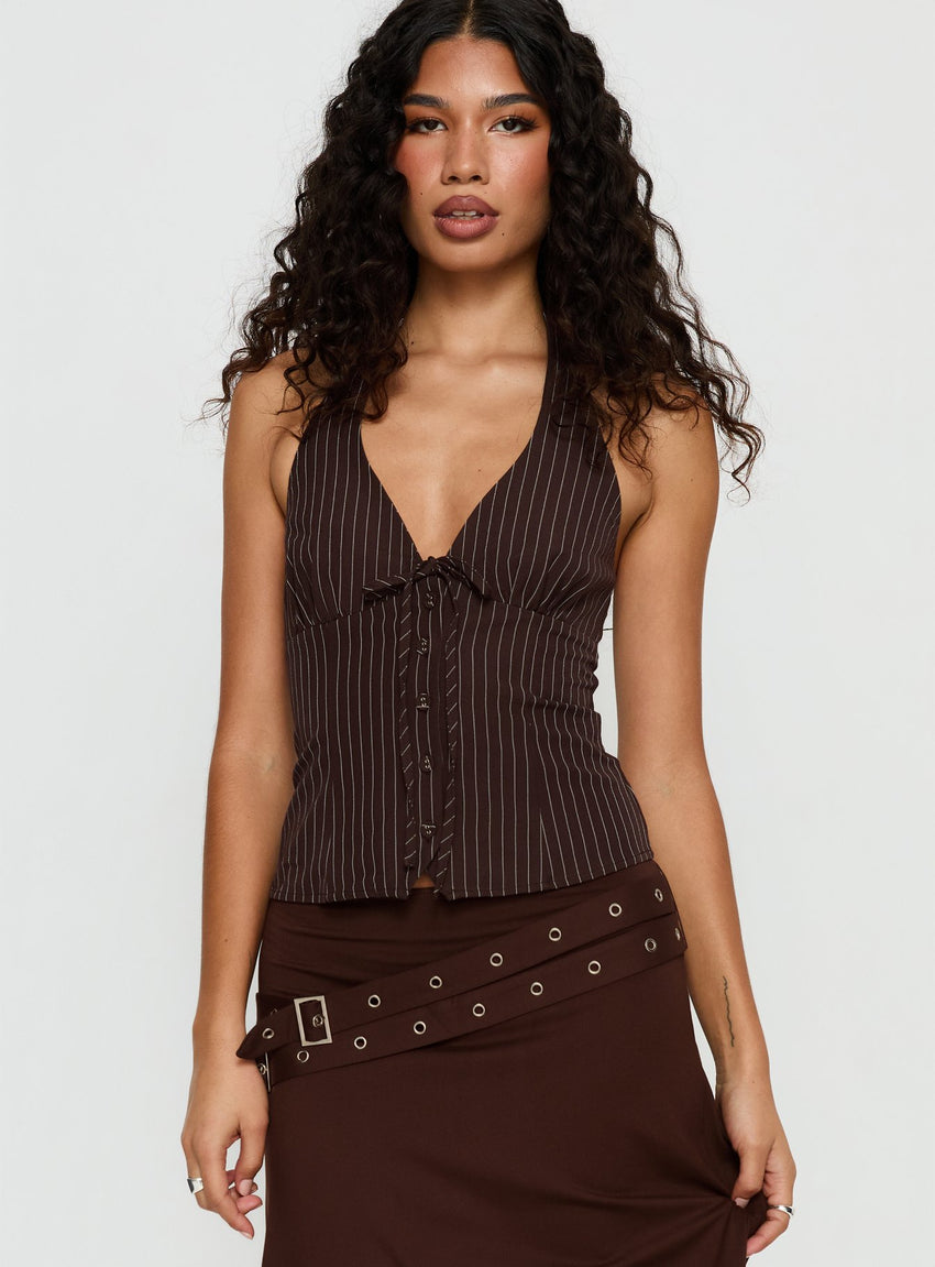 Nickole Halter Tailored Top Brown Stripe