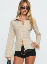 Eryx Tie Back Button Up Top Apricot Check