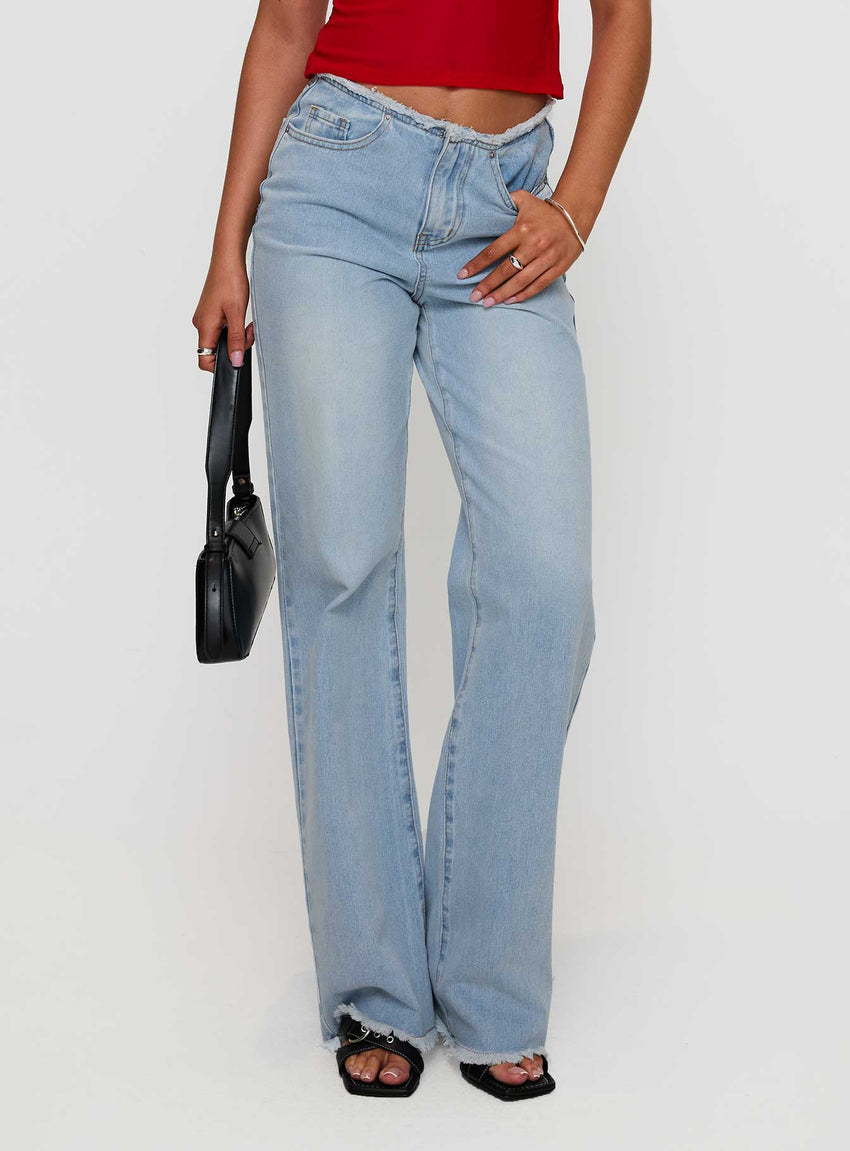 Hawke Frayed Mid Rise Straight Leg Jeans Mid Blue
