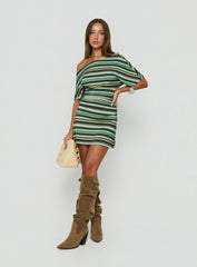 Mista Off Shoulder Asymmetrical Mini Dress Blue Multi Stripe