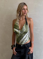 Syrenah Halter Cowl Neck Top Green Stripe