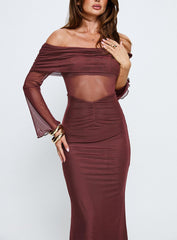 Velouria Off Shoulder Long Sleeve Maxi Dress Brown
