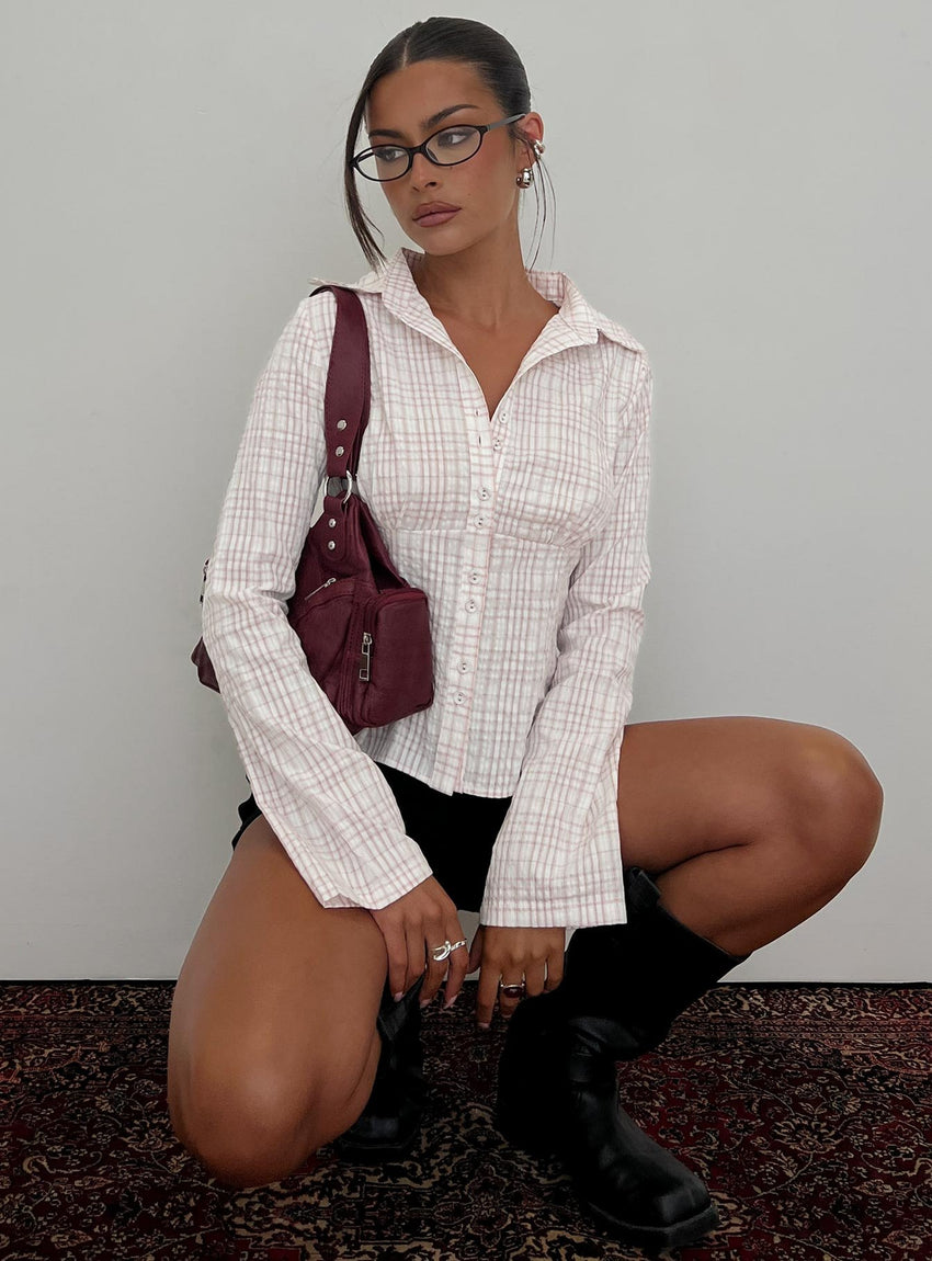Cottesloe Long Sleeve Blouse Top Pink Check