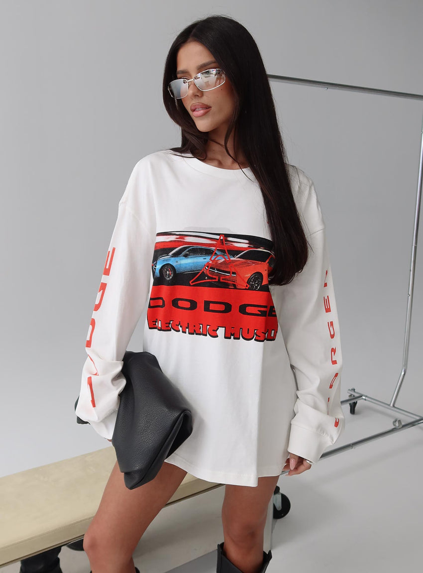 Dodge Electric Muscle Long Sleeve Graphic Top White