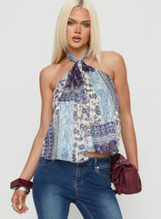 Ferne Tie Neck Top Blue Multi