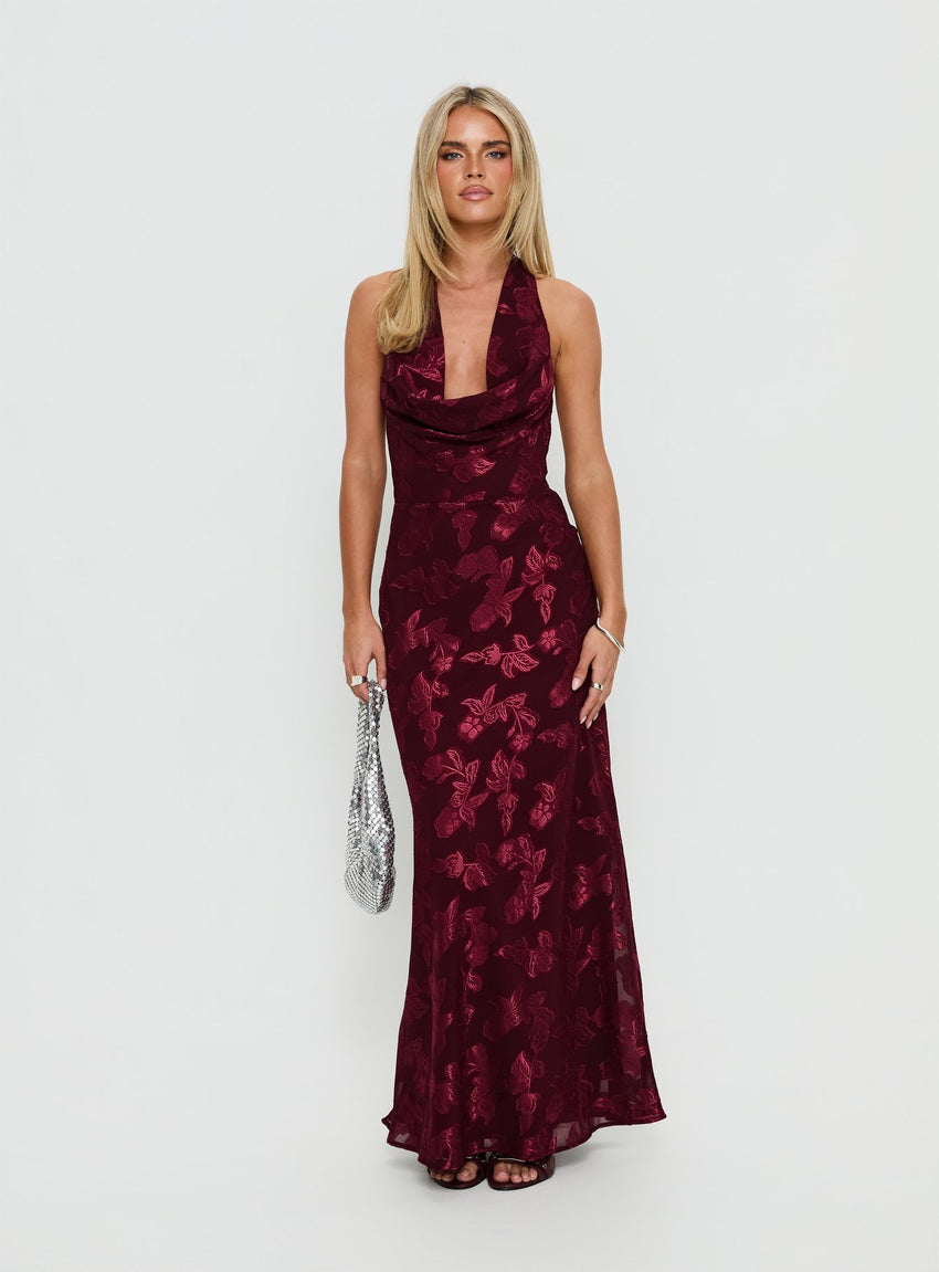 Jazminah Halter Cowl Neck Maxi Dress Burgundy