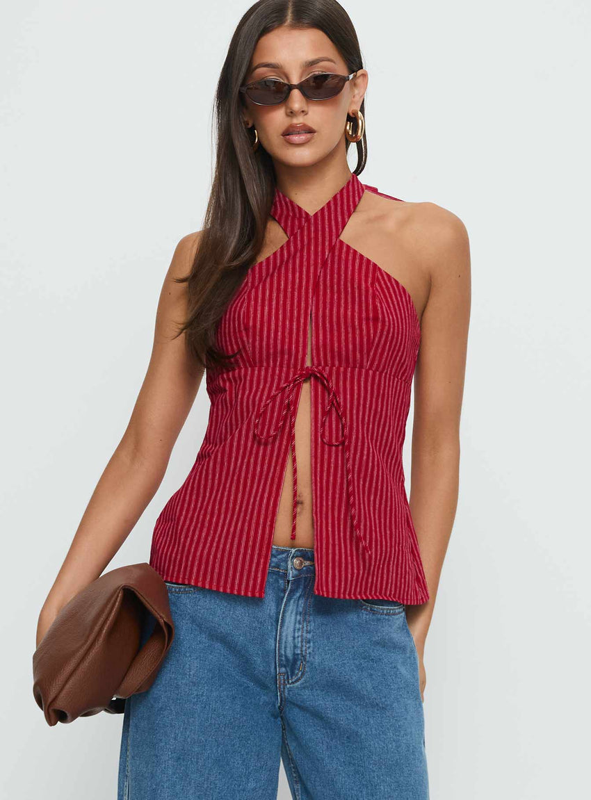 Sensational Cross Front Tie Detail Top Red Stripe
