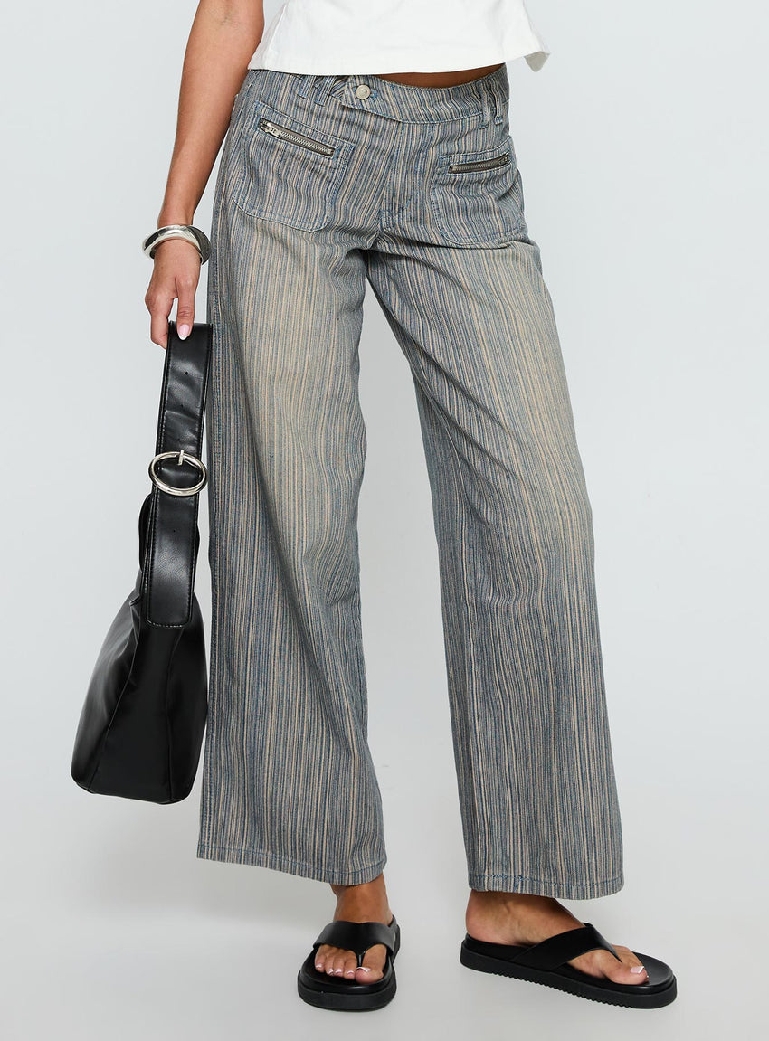Lifetimes Mid Rise Wide Leg Cargo Jeans Dark Blue Stripe