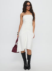 Rienna Strapless Asymmetrical Midi Dress White