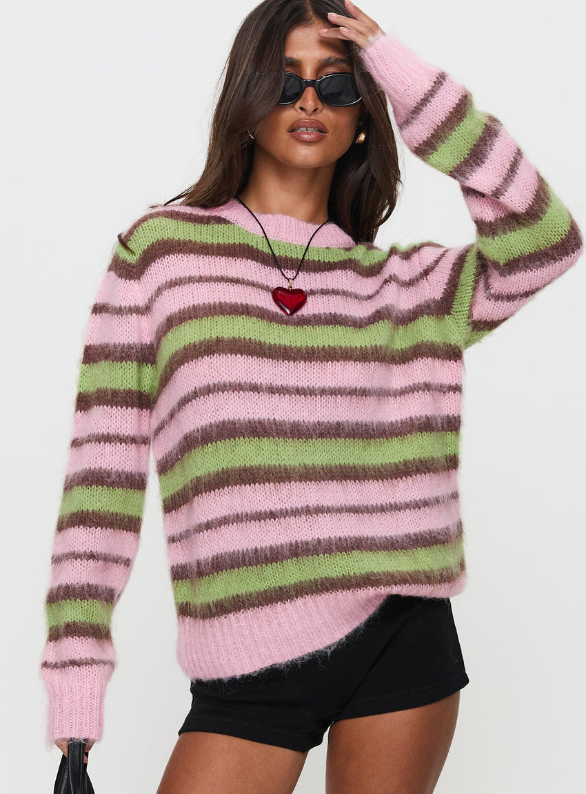 Maysie Crew Neck Knit Sweater Green / Pink