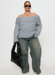 Snowie Off Shoulder Knit Sweater Grey Curve