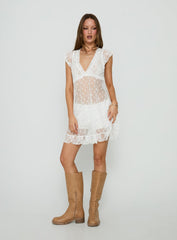 Afortunata Sheer Lace Frill Mini Dress White Polka Dot
