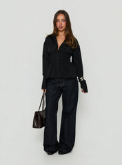 As You Are Shirred Button Up Top Black