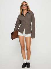 Xinia Tie Waist Long Sleeve Shirt Brown Check
