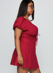 Beloved Puff Sleeve Linen Blend Mini Dress Red Polka Curve