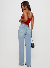 Hawke Frayed Mid Rise Straight Leg Jeans Mid Blue